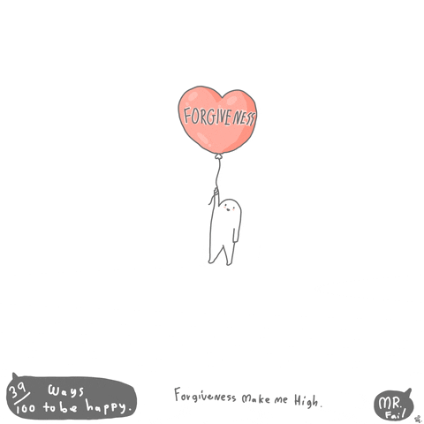 Animated character going up the sky with a balloon saying "Forgive me"