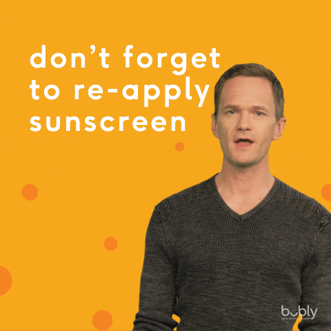 A gif of a guy saying "Don't forget to re-apply sunscreen"