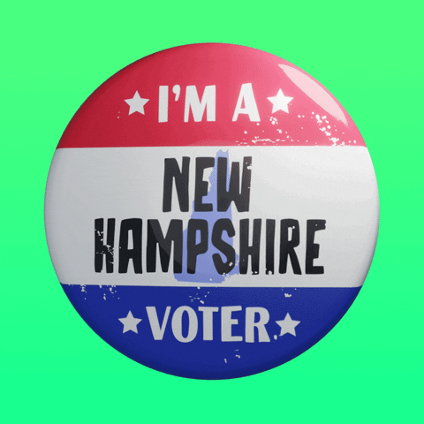 Digital art gif. Round red, white, and blue button featuring the shape of New Hampshire spins over a lime green background. Text, “I’m a New Hampshire voter.”