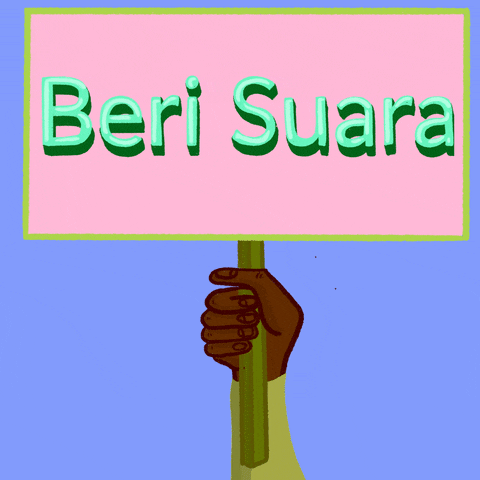 Digital art gif. Hand with dark skin waves a sign up and down against a light blue background. The sign reads “Go Vote” in Indonesian.
