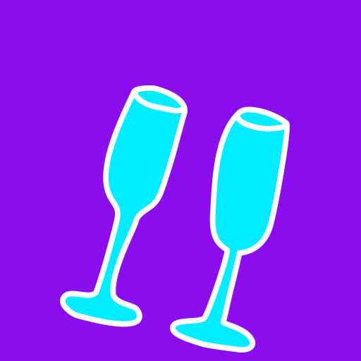 Illustrated gif. On a purple background, cyan flute glasses clink together and red, blue, and yellow stars and confetti appear above them.