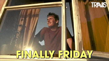Celebrity gif. Neil Primrose of the band Travis smiles happily as he looks out a window. Text, "Finally Friday."