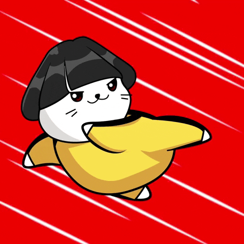 Kawaii gif. A fierce chibi version of a kung fu fighter wears a black wig and a yellow onesie as it kicks midair. Lines against a bold red background indicate flashy motion. 