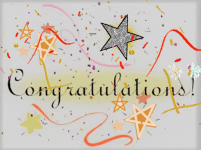 Nápis "Congratulations!" v pohyblivém gifu s padajícími konfetami a blikajícími hvězdičkami.