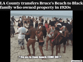 Video gif. Diverse crowd dances together on the beach with the musical caption, “Reparations beach, come on!” Text, “LA County transfers Bruce’s Beach to Black family who owned the property in the 1920s.”
