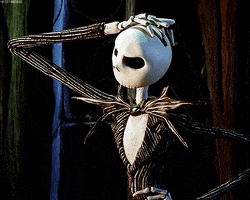Stop motion gif. Jack Skellington from The Nightmare Before Christmas looks down at something with a hand on his hip. He scratches his head with a boney finger in confusion. 