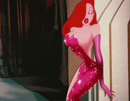 Cartoon gif. Wearing a sparkly sleeveless pink dress and shiny pink gloves, Jessica Rabbit leans against a wall and slides down seductively.