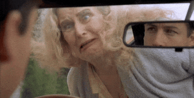 Movie gif. Helen Honeywell as Crazy Old Lady in Happy Gilmore. She's on top of the car, laying across the window and looks horribly distraught as she yells, "Get me outta here!"