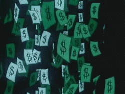 Cartoon gif. A slow rain of cartoon money: green slips of paper with dollar signs on them.
