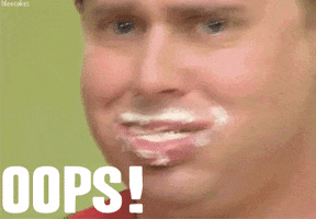 TV gif. Tim Heidecker from Tim and Eric, with a blond bowl cut, turns to us with a look of embarrassment and a mouthful of something gross. Text, "Oops!"