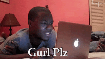 Video gif. Man reacts to something on his laptop with disbelief and says “Gurl Plz.”