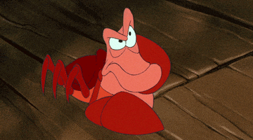Cartoon gif. Sebastian from Little Mermaid lays on a wooden floor. He looks up with an irritated expression, a claw holding up his head, and three legs tap impatiently on the floor.