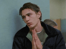 TV gif. James Franco as Daniel Desario in Freaks and Geeks leans up against the wall with his hands in a praying position. He bats his eyes as he says, “Pretty please.”