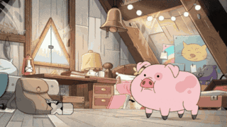 Cartoon gif. A Scene from Gravity Falls. A SWAT officer breaks through the window of Dipper and Mabel’s room, and tumbles onto the floor. He then grabs onto Waddles the pig and secures him. Waddles looks confused. Text, “Emergency Hug.”