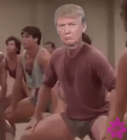 Video gif. The face of Donald Trump is placed over the body of man doing sexy aerobatic work out moves. 