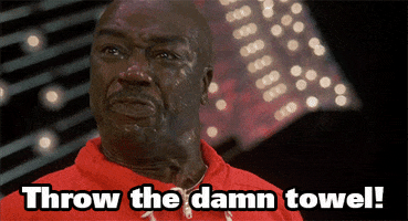 Movie gif. Carl Weathers as Apollo Creed in Rocky IV. He is sweating profusely and he looks incredibly distressed as he yells out, "Throw the damn towel!"
