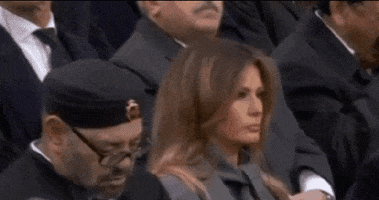 Political gif. Melania Trump holds a forward gaze as we scan to Donald Trump beside her, scowling at her with a dirty look.