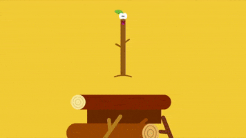 Cartoon gif. Stick from Hey Duggee happily jumps up and down on a pile of logs. We zoom out to Duggie and others jumping in perfect unison with Stick on a bright sunny day.