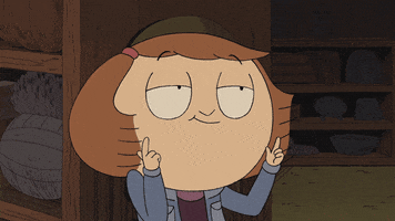 Cartoon gif. Wren Carver on Costume Quest tries to be cool by holding up two finger guns and smirking.