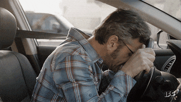 TV gif. Marc Maron as himself, banging his head against the steering wheel in aggravation.