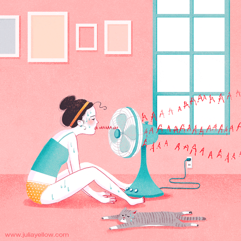 Illustrated gif. Sweaty woman sits on the ground in front of a fan. Her cat last with arms and legs sprawled out as it sweats too. She says “aaaaa” into the fan and the sound comes out of the other side like it sounds louder and wobbly.