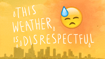 Illustrated gif. Cityscape silhouette against a yellow background, with a sad/sweating emoji in the corner glowing red like a sun, with text that reads "This weather is disrespectful."