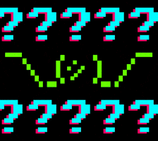 Digital art gif. Pixelated shrug emoticon is framed by rows of flashing question marks at the top and bottom.