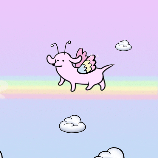 Kawaii gif. A pink dog with wings and antennae saunters across a rainbow with its head swinging from side to side above the clouds.