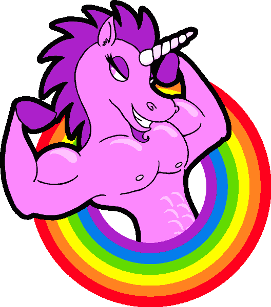 Digital art gif. A pink muscular unicorn pops out of a rainbow hole. This unicorn has a goatee, luscious eyelashes, and flexes their large biceps with a smug smile. 