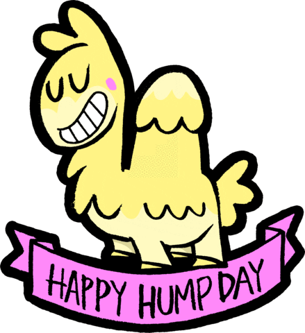 Cartoon gif. A cartoon camel happily bobs his head with a huge smile while his hump bobs along. A pink ribbon reads "Happy Hump Day."