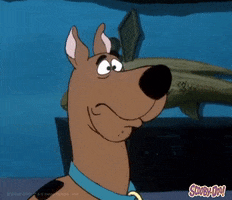 Cartoon gif. It's no surprise that Scooby-Doo is afraid. He looks surprised, then gulps nervously.