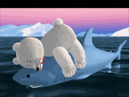 Cartoon gif. A polar bear lays on top of a great white shark in arctic water against a backdrop of icebergs. A string of cartoon hearts emit from the bear's mouth as he snuggles his friend. 