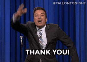 Celebrity gif. Gesturing toward the sky dramatically, Jimmy Fallon falls to his knees and yells, “Thank you!”