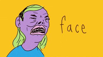 Cartoon gif. A purple faced person swirls away and turns into a palm frond which plants itself in a bucket. Text, "Face palm."