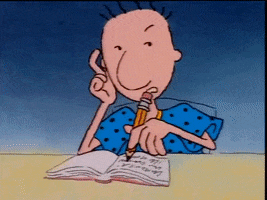 Cartoon gif. Doug Funnie from Doug writes in a journal and becomes furious, his face cartoonishly stretching and glowing red hot as his now oversized teeth grind together. He snaps his pencil in half.
