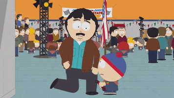 South Park gif. Randy Marsh kneels down to give his son, Stan Marsh, a lesson, saying, "Son, you have to learn how to lie correctly some day, might as well be today, all right?" He rubs the back of his neck while adding guiltily, "I love you, son." Stan stares up at him with wide, sad eyes.