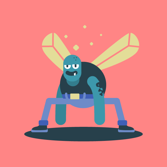 Illustrated gif. A blue tattooed bug hangs its thick arms between its legs as its wings flap tiredly. Yellow star like figures dip above its exhausted head, as if it were drunk. 