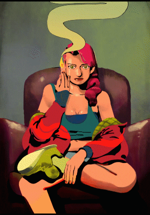 Digital art gif. Woman sits in an armchair and stares directly at us while holding a lit match. The match is producing an extraordinarily large gust of smoke, which floats up to the ceiling.