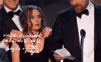 Celebrity gif. On stage at the SAG awards, Winona Ryder looks confused and unhinged. An overlay of calculations revolves around her head.