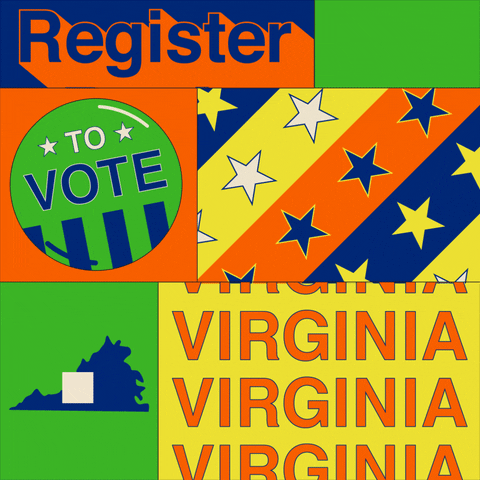 Digital art gif. Collage of boxes features the shape of Virginia with a box being checked, several colorful stripes filled with stars, and a “Vote” button that dances back and forth. Text, “Register to vote Virginia.”