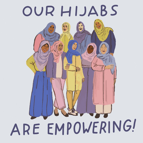Illustrated gif. Diverse group of women wearing pastel colored hijabs stand together as they smile and blink in front of a white background. Text, "Our hijabs are empowering!"