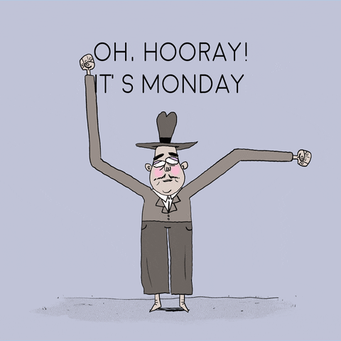 Illustrated gif. A man in an old-timey suit and hat holds up arms like wind socks that flutter up and down as his eyes roll back in his head. Text," Oh, hooray! It's Monday."