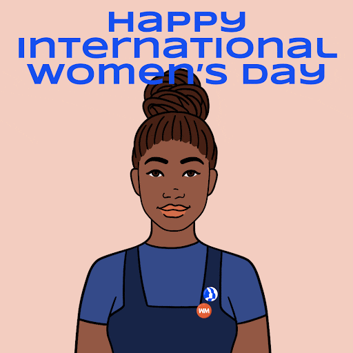 Illustrated gif. Images of diverse women wearing navy blue clothing cycle on a pale pink background. Text, "Happy International Women's Day."