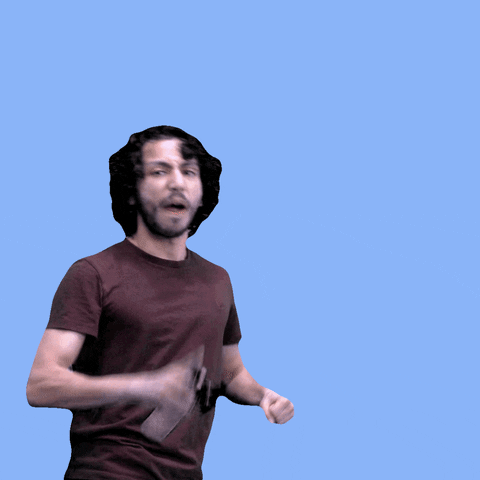 Digital art gif. A man holds an airhorn in the air and honks it with passion, a look of aggressive joy on his face. Out of the airhorn comes a cartoon noise bubble, text inside of which reads, "Long weekend party," with little animations of swirling confetti tumbling to the ground.