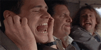 Gif from the film of Dumb and Dumber; Jim Carey's character is covering his ears and making a 