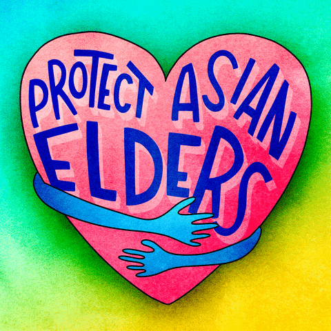Digital art gif. Two blue arms hug a large pink heart that contains the message, “Protect Asian elders.”
