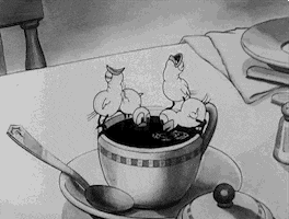 Cartoon gif. A vintage film shows four canaries repeatedly dipping their beaks for a drink into a cup of coffee. 
