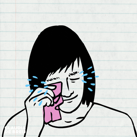 Illustrated gif. Person cries, spraying tears out of the sides of their eyes. They dab their eyes with a pink handkerchief.