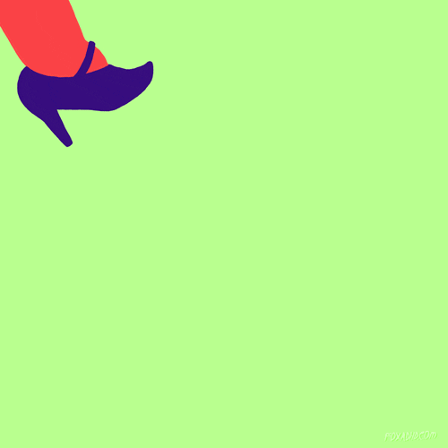 Illustrated gif. A series of clips show a leg in a heeled shoe taking a step, an eye opening, a mouth puckering up for a kiss, and the back of a woman whose blue hair wafts in the breeze.
