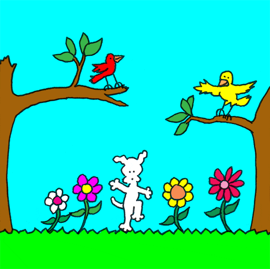 Kreslený pohyblivý obrázek s bílým pejskem, tancujícím mezi květinami pod stromy s větvemi, na nichž jsou barevní ptáci.